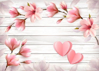Pink flowers and paper hearts on a wooden sign. Valentine's Day background. Vector illustration