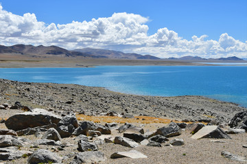 China. Great lakes of Tibet. Lake Teri Tashi Namtso in sunny summer day