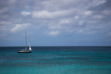 Sailboat cruising by the beach in Aruba
