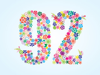 Vector Colorful Floral 92 Number Design isolated on white background. Floral Number Ninety Two Vector Typeface.