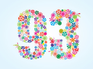 Vector Colorful Floral 93 Number Design isolated on white background. Floral Number Ninety Three Vector Typeface.