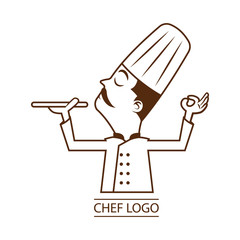 Chef Serving a dish with tray and sign finger for delicious gesture, Logo for culinary business cartoon vector
