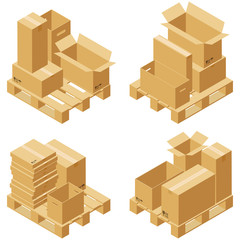Cardboard boxes and wood pallet isometric set isolated on white background. Vector carton packaging box images.