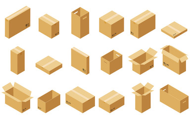 Big set of cardboard boxes isolated on white background. Vector carton packaging box images.