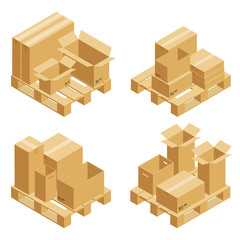Fototapeta premium Cardboard boxes and wood pallet isometric set isolated on white background. Vector carton packaging box images.