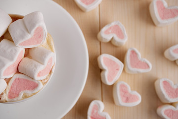 Hot  coffee with hearts pink marshmallow for valentine's day