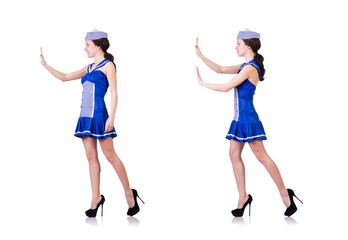 Woman in costume pushing virtual obstacle