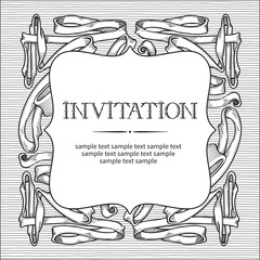 Template for Vintage Invitation card. Vector ornate background with ribbons at engraving style 