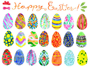 Design set with beautiful colorful painted decorated eggs. Hand drawn illustration. Happy Easter! Graphic spring elements for invitation, greeting card, decoration, isolated object on white background