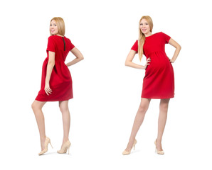 Pretty pregnant woman in red dress isolated on white
