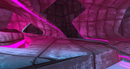 Abstract  Concrete Futuristic Sci-Fi interior With Pink And Blue Glowing Neon Tubes . 3D illustration and rendering.