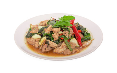  Stir-fried pork with basil leaves in plate