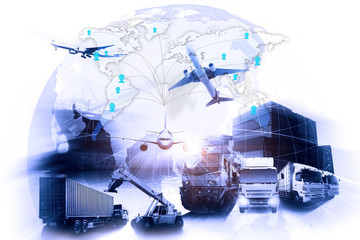 World map with logistic network distribution on background. Logistic and transport concept in front Logistics Industrial Container Cargo freight ship for Concept of fast or instant shipping