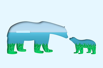 north arctic polar white mother and cub bears in paper cut craft art style with summer north pole landscape, double exposure mockup, stock vector illustration clip art template