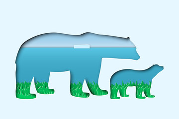 north arctic polar white mother and cub bears in paper cut craft art style with summer north pole landscape, double exposure mockup, stock vector illustration clip art template