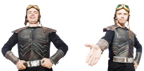 Young funny man in armour suit