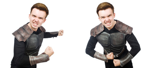 Young funny man in armour suit