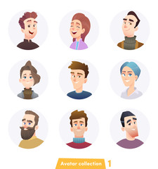 Cheerful people avatar collection. User faces. Trendy modern style. Flat Cartoon Character design