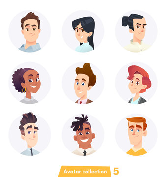 Cheerful people avatar collection. User faces. Trendy modern style. Flat Cartoon Character design