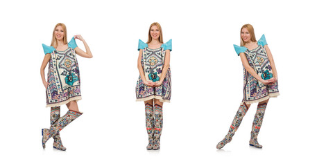 Woman in dress with oriental prints isolated on white