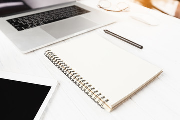 close-up book blank on white workspace