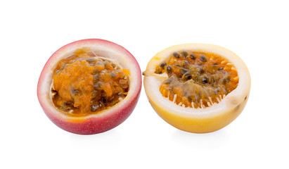 Half cut passion fruit isolated on white background, sour fruit, fruit background, healthy food
