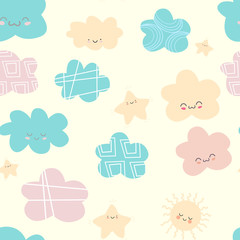 Draw seamless pattern, set background with sky, cloud, sun, sunshine, stars emotion and many details. Can use for printing, website, presentation element, textile. Vector illustration.