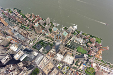 Wide-angle aerial view over World Trade Center, looking down - obrazy, fototapety, plakaty