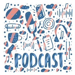 Fototapeta na wymiar Podcast lettering with decoration. Vector design.