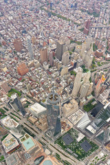 Wide-angle aerial view over World Trade Center and Tribeca, looking north-east towards Little Italy