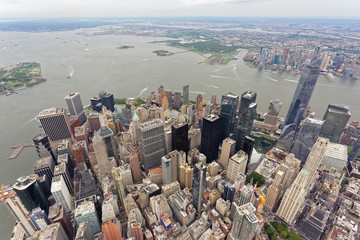 Wide-angle aerial view over Lower Manhattan, looking south-west towards the Hudson River