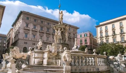 Muurstickers City Hall Square with the famous Neptune fountain on Piazza Municipio in Naples, Italy. © belyay