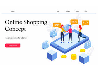 Online shopping isometric concept. Isometric Women and men characters with shopping bags and shopping carts.  Different People making online shopping. Big Sale. Flat vector design. - Vector 