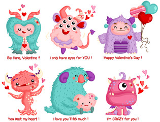 A Vector Set of Cute Monster Celebrating Valentine with Love © Inkley