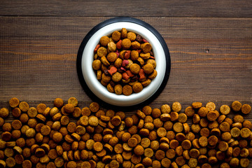 Dry dog food in bowl on dark wooden backgorund top view space for text
