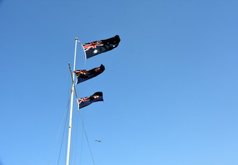 Australian flags waving in the wind. Flags of Australia waving in the wind against white cloudy blue sky. Australian flag. Waving Australian national flag against blue sky on the background.