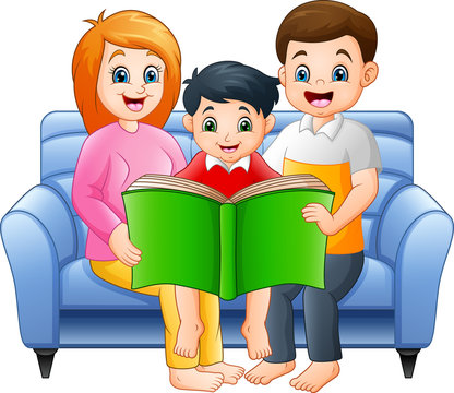 Cartoon happy family reading a book