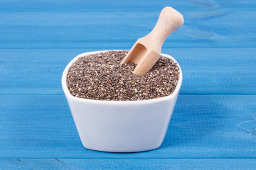 Chia seeds as source natural vitamins, dietary fiber and minerals, healthy nutrition concept