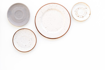Mockup with plates. Empty ceramic plates on white background top view copy space