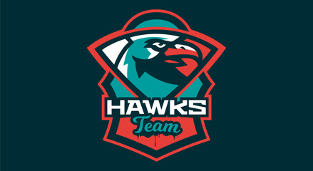Logo of the hawk's head, shield. A dangerous predator, an animal, a bird, a mascot of a sports club. Vector illustration