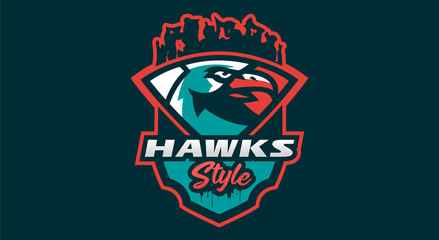 Logo of the hawk's head, shield. A dangerous predator, an animal, a bird, a mascot of a sports club. Vector illustration