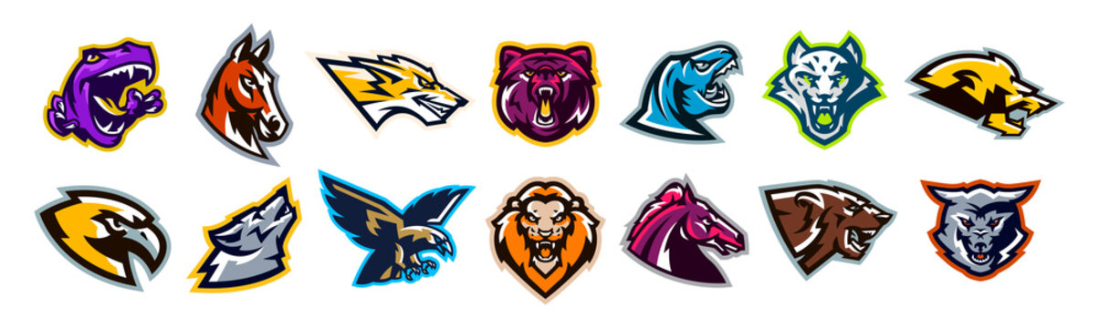 Set of animal logos. Bear, dinosaur, eagle, leopard, wolf, horse, fox, lion, grizzly, raptor, hawk, jaguar, cat, lynx, leo, stallion, birds. Sports mascots, colorful collection, vector illustration