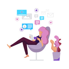 Young Woman Sitting at Chair reading from Laptop.