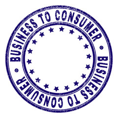 BUSINESS TO CONSUMER stamp seal watermark with distress texture. Designed with circles and stars. Blue vector rubber print of BUSINESS TO CONSUMER title with dirty texture.