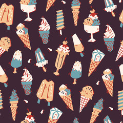 Hand Drawn Seamless Pattern with Ice Cream. Vector Doodle Illustration.