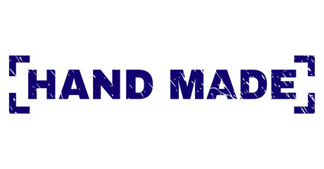 HAND MADE tag seal print with grunge style. Text tag is placed inside corners. Blue vector rubber print of HAND MADE with dust texture.