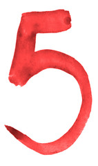 The number 5, painted with a brush in watercolor. Vintage symbol made by hand.