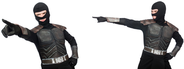 Young funny man in armour suit
