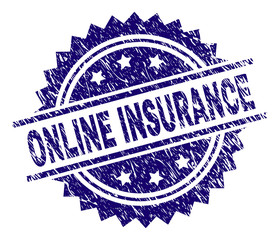 ONLINE INSURANCE stamp seal watermark with distress style. Blue vector rubber print of ONLINE INSURANCE label with scratched texture.