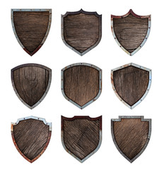 Wooden and metal shield protected steel icons sign set isolated on white background, With objects...